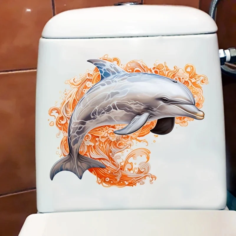 MT1470# Dolphin Bathroom Toilet Lid Decal - Artistic Grey Animal Print, PVC Self-Adhesive Sticker for Plastic Surfaces