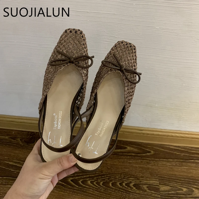 SUOJIALUN Summer New Women Slip On Mules Shoes Fashion Cane Weave Ladies Sandal Shoes Square Low Heel Outdoor Casual Slipper