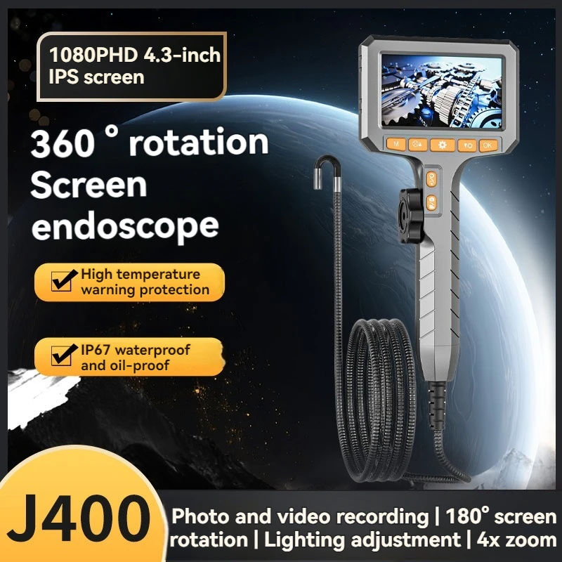 

3.9/6mm 1280P HD Two-Way Rotary 360° Industrial Piping Endoscope Camera Adjustable lighting Borescope Inspection with 4.3Inch