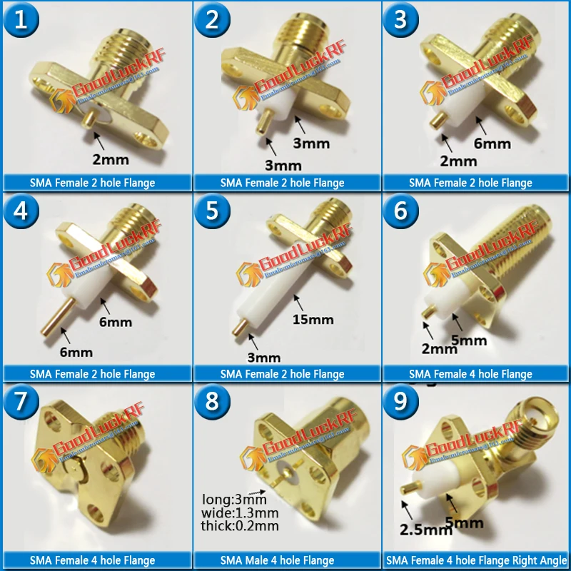 Kit set SMA Male & Female Flange 2 hole Right Angle 90 Degree Chassis Panel Mount deck Solder Copper Pin PTFE