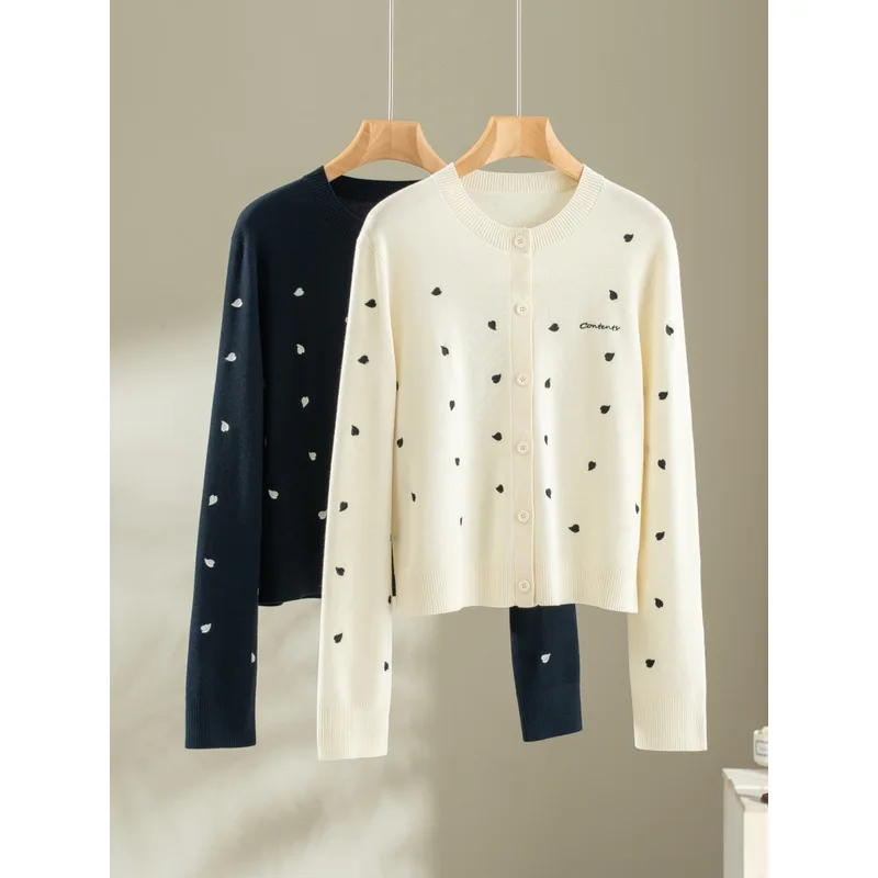 Women's fine merino wool cardigan long sleeve sweater single breasted embroidery versatile slim fit knitted base new year gift