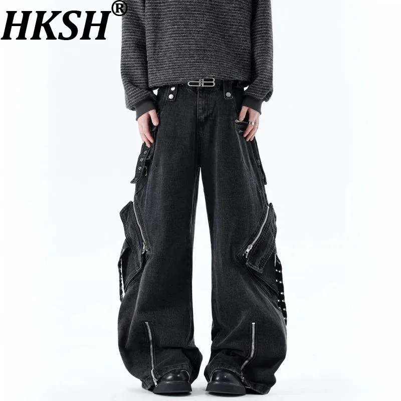 HKSH Zipper Multi-pocket Safari Style Jeans Men American High Street Niche Hip-hop Subculture Retro Wide-Leg Denim Pants HK20846