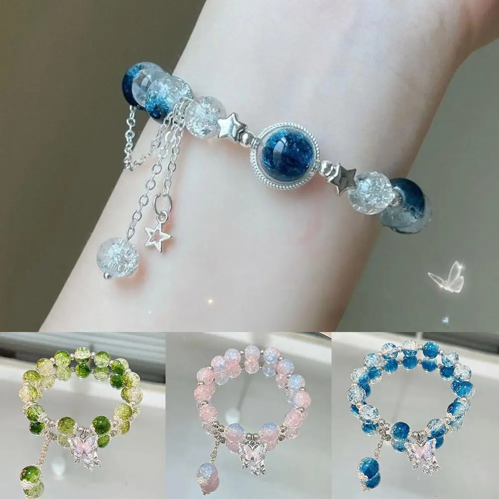 Star River Dangling Butterfly Crushed Beads Tassel Bracelet For Women Fantasy Blue Crystal Beads Elastic Rope Bracelet Jewelry