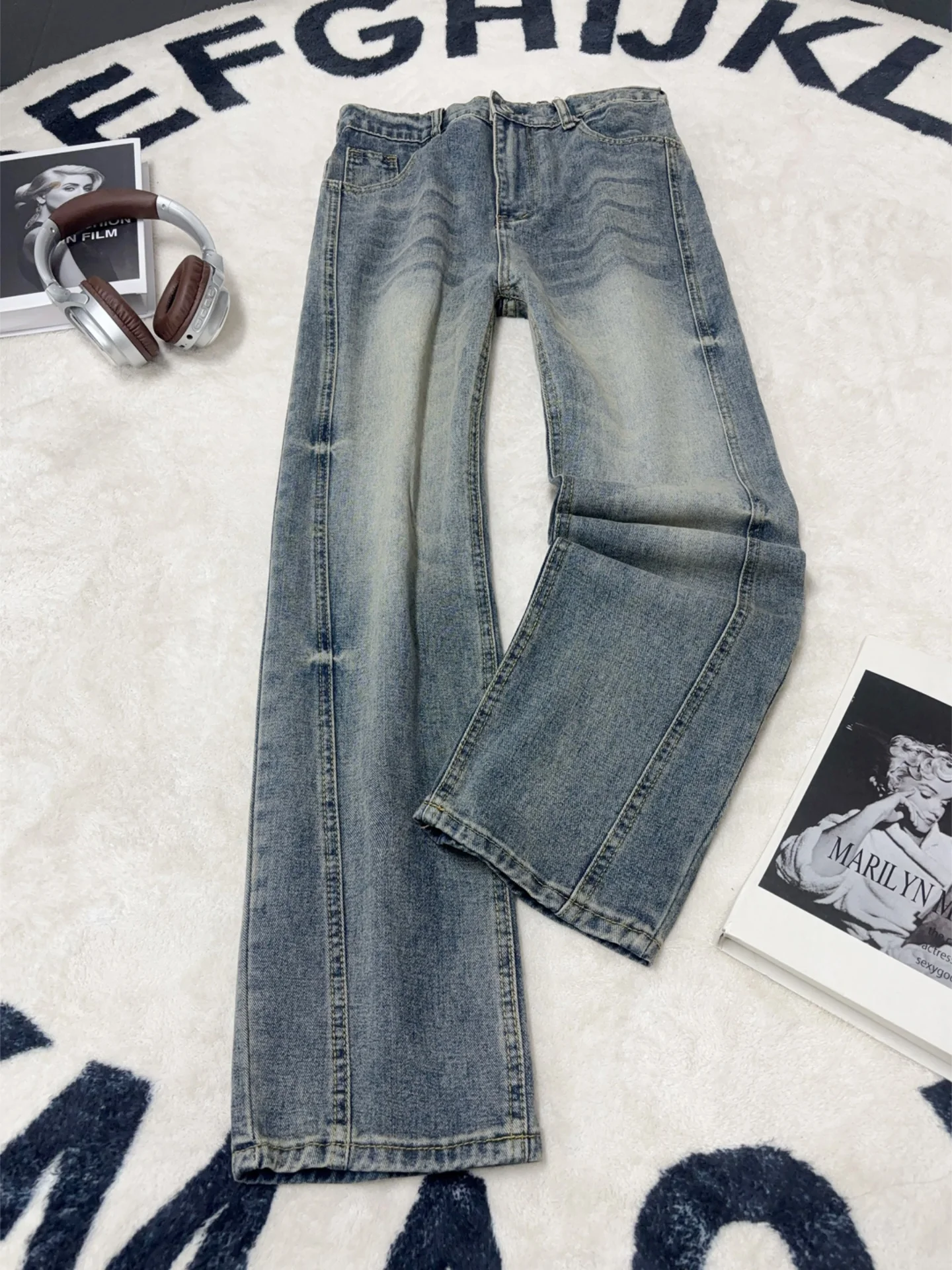 

American High Street Knife Jeans Men's Design Sense Splicing Slimming Flared Pants Straight Loose Cleanfit Trousers