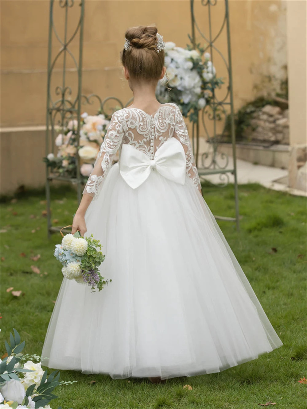 Robe de demoiselle d'honneur en dentelle champagne pour mariage, appliques en tulle, manches longues bouffantes, ligne A avec nœud, robe de Rhde fête d'anniversaire de princesse