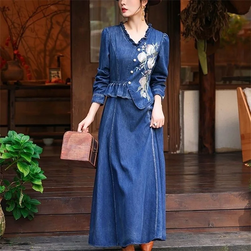 2023 Summer Female New Qipao Improved Edition Standing Neck Denim Dress Women High end Exquisite High end Sleeveless Long Dress