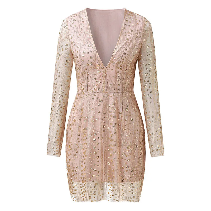 2024 new women's mini dress sexy deep V-neck see through long sleeved gold sprinkled dresses