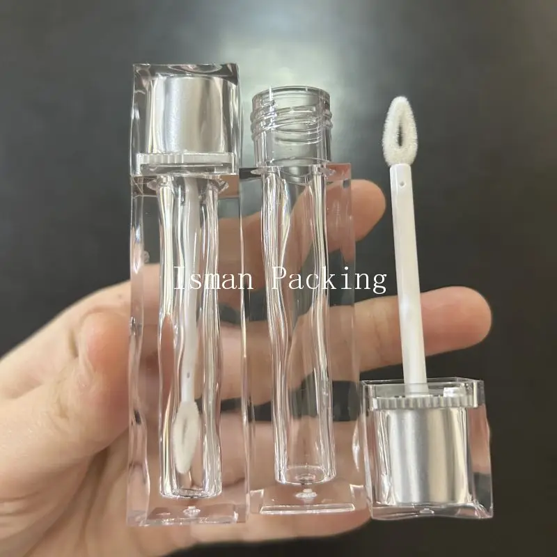 

50Pcs Matte Silver Top Crystal Liquid Lipstick Cosmetic Packaging Empty Refillable Clear Lip Gloss Tube With Heart Brush 5ml