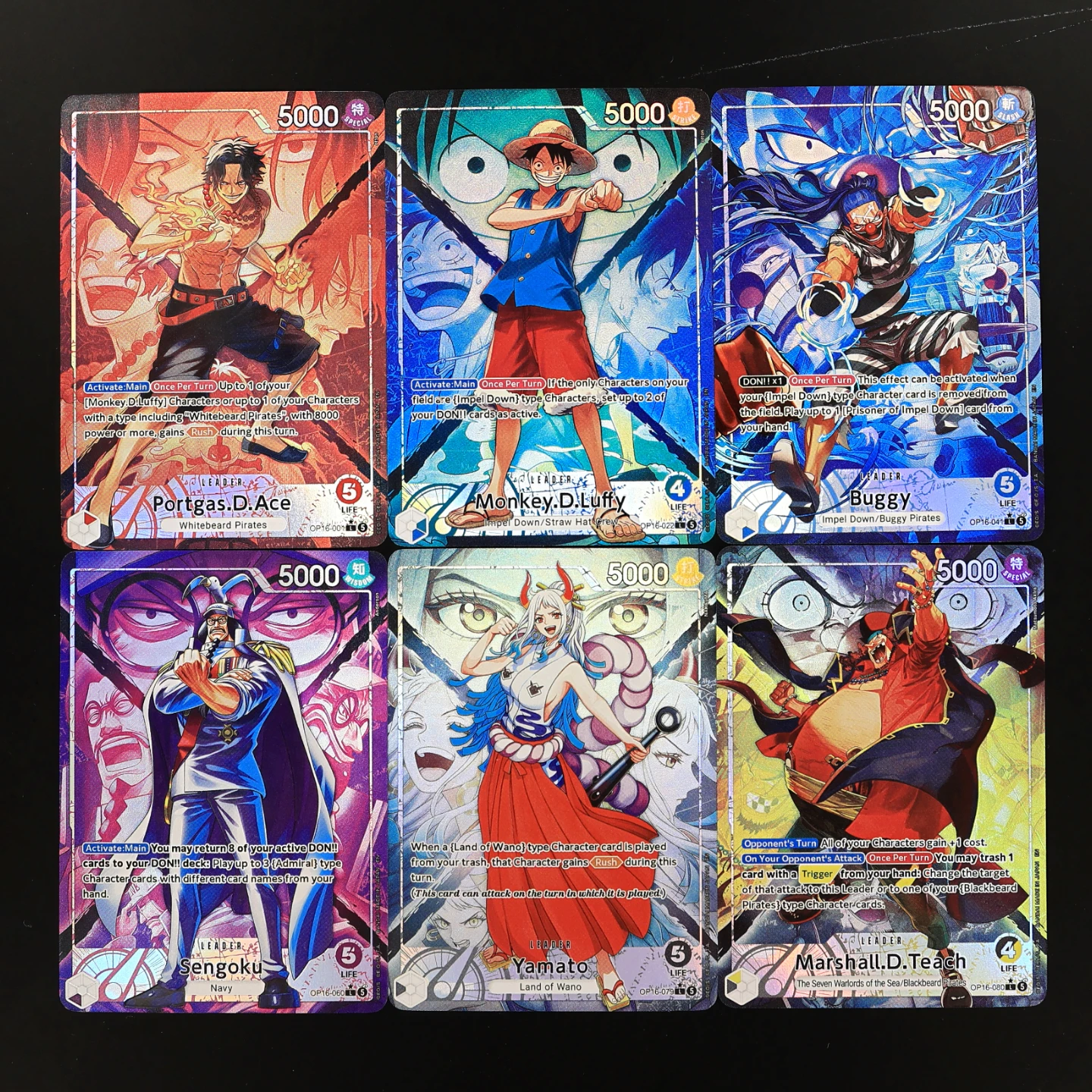 Cartão de Líder One Piece TCG OPCG em Inglês OP16 - Conjunto de Cartões Líder Luffy, Ace, Buggy, Yamato, Teach, Sengok - Cartão Texturizado com Efeito Metalizado