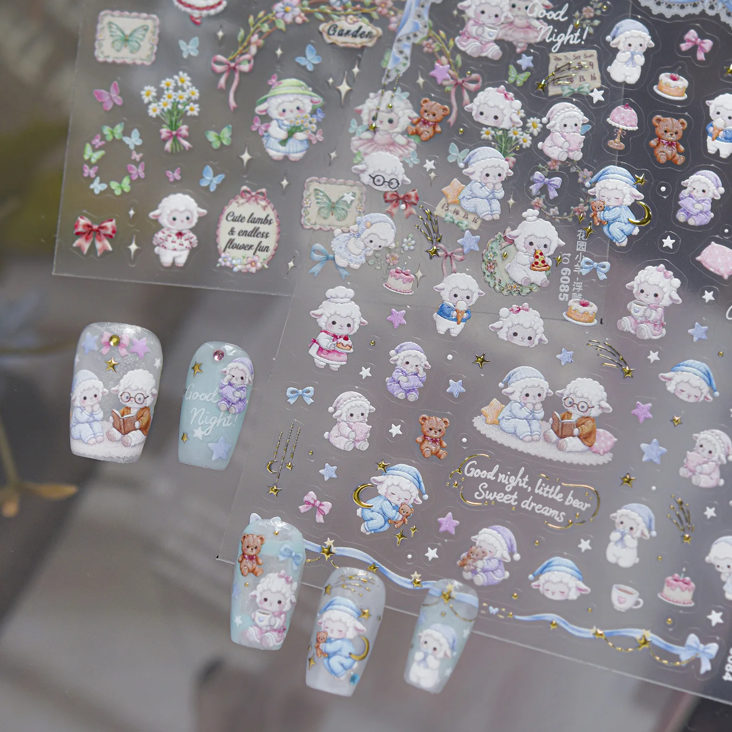 Sweet Garden Lamb 5D Nail Stickers Bouquet Bow Wreath Butterfly Flower Border Tag Raised Nail Decals For Girls Manicure Nail