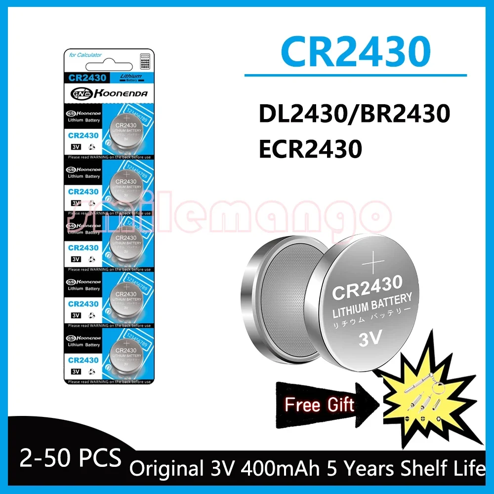 NEW 2-50PCS CR2430 3V 400mAh Lithium Battery DL2430 BR2430 Button Coin Batteries for Key Fob Watch Alarm Clock Car Remote Contro