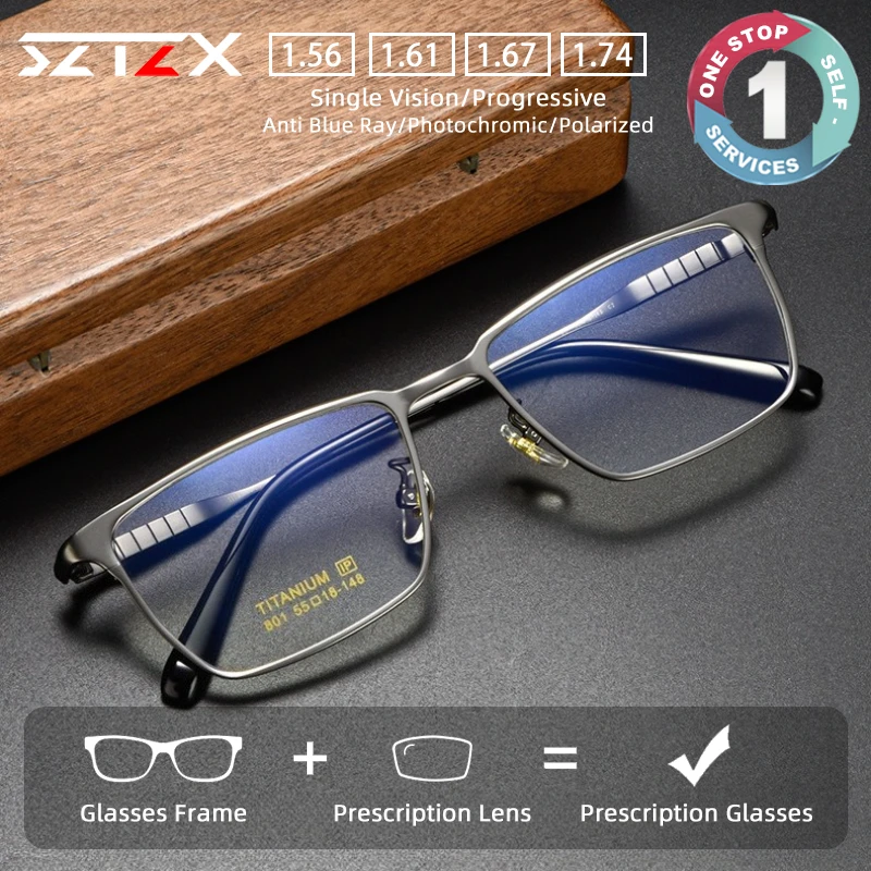 

SZTZX Versatile Durable Titanium Prescription Glasses Anti Blue Light Rectangle Frame Myopia Glasses Progressive Reading Eyewear