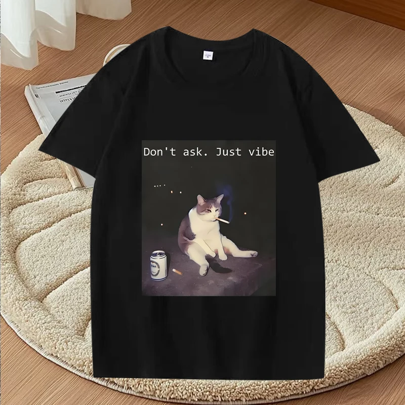 Retro Funny Smoking Cat Meme T Shirt Cigarette Cat men ’s women Oversized cool 100% Cotton short sleeve Summer print Unisex tops