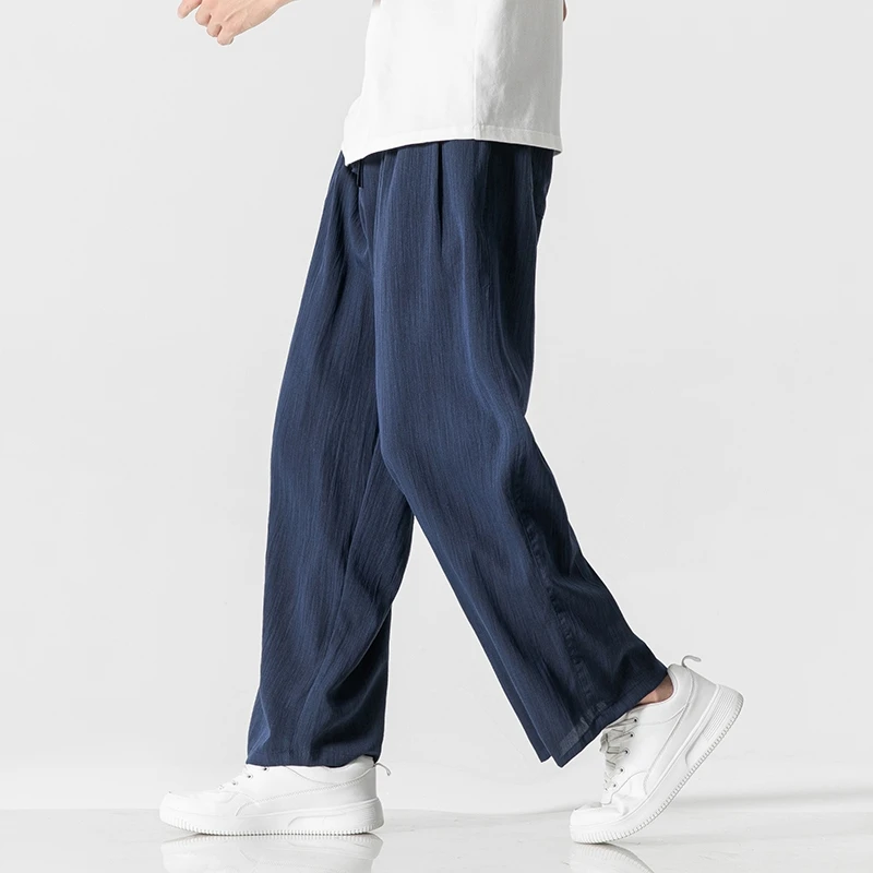 Men Cotton Linen Wide Leg Pants Straight Leg Pants Summer Light Thin Elastic Waist Sweatpants Loose Oversize Solid Casual Pants