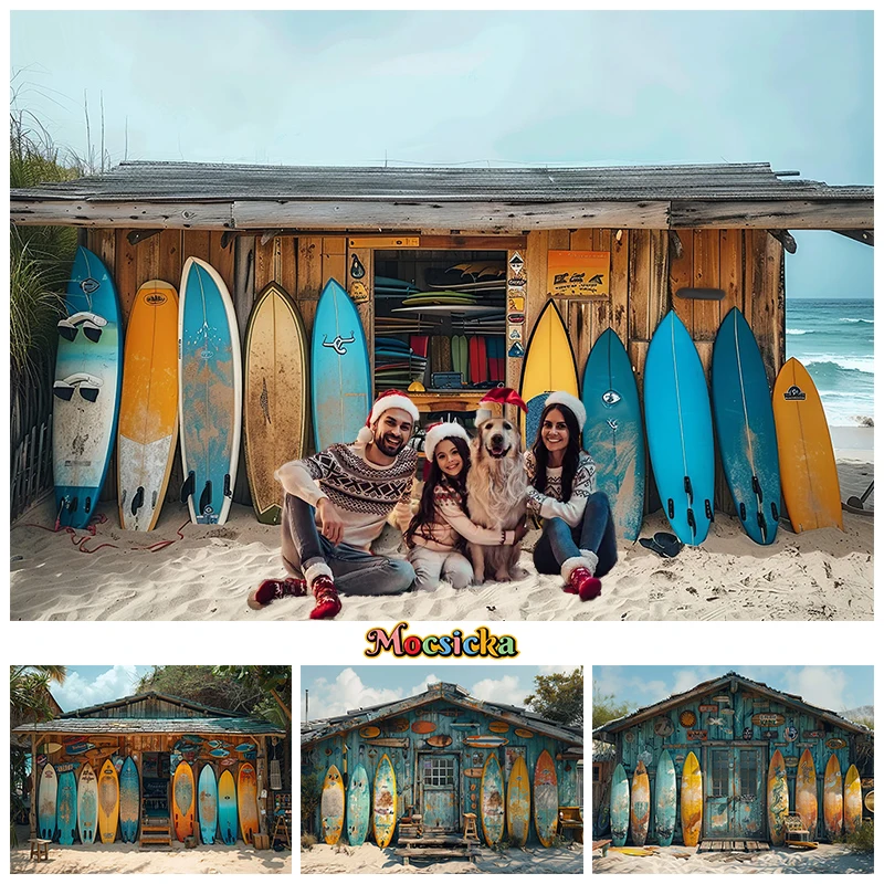 

Mocsicka Summer Surfing Beach Photography Backdrop Seaside Wooden House Baby Background Cloth Decor Photo Studio Props Backdrops