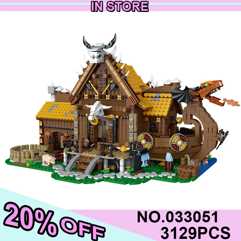 033051 MOC The Viking Liife Hut House Building Blocks Set with light Architecture Bricks Toys For Children Kids Birthday Gifts