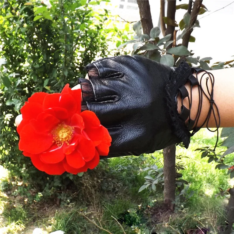Fashion Women Black Half Finger Soft Sheepskin Gloves Sexy Lace Genuine Leather Fingerless Gloves Ladies Dance Costume Glove S59