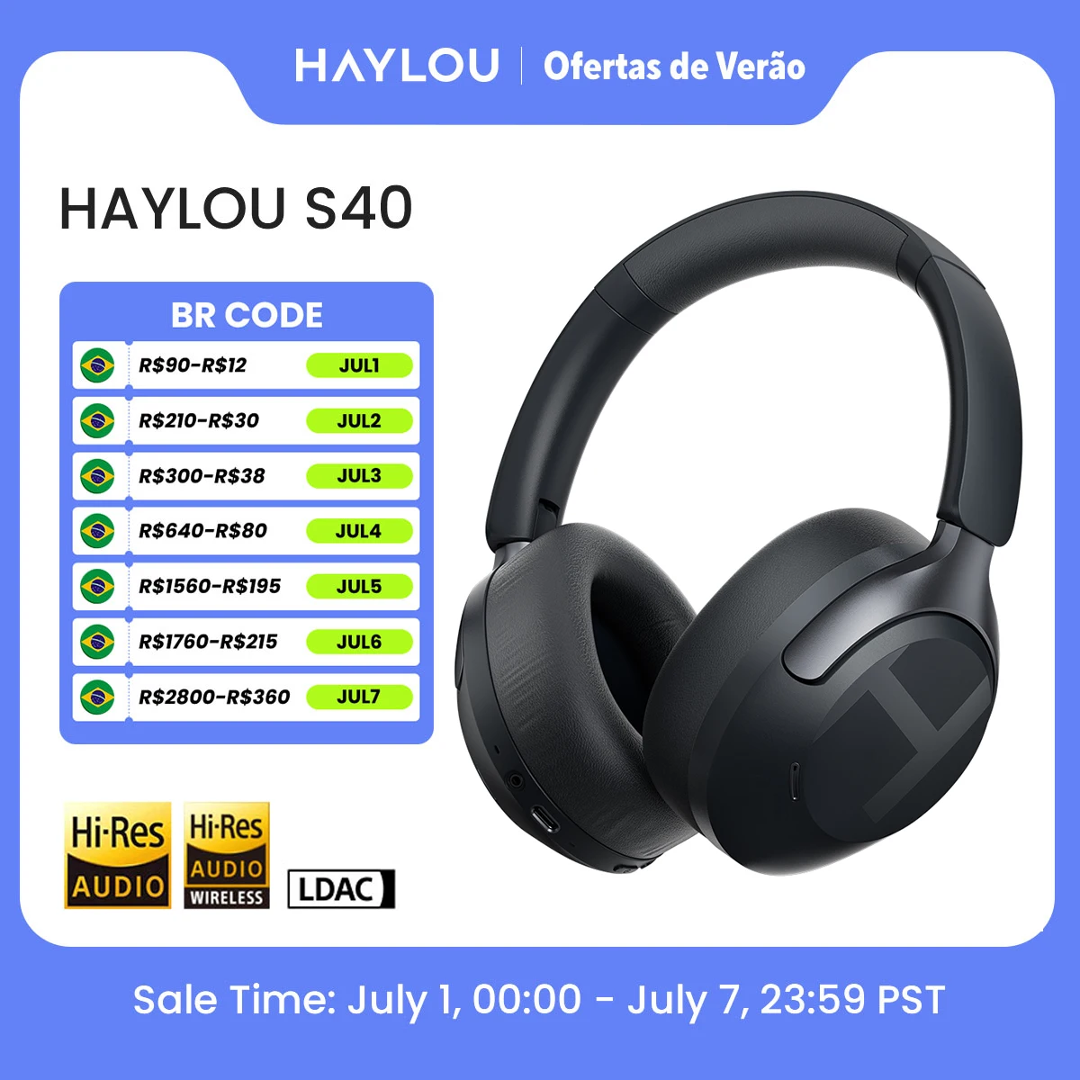 Fone de Ouvido Sem Fio HAYLOU S40 ANC com Cancelamento de Ruído de 50dB, Áudio Espacial 3D de Alta Resolução, Fone de Ouvido Bluetooth 6.0 Over Ear