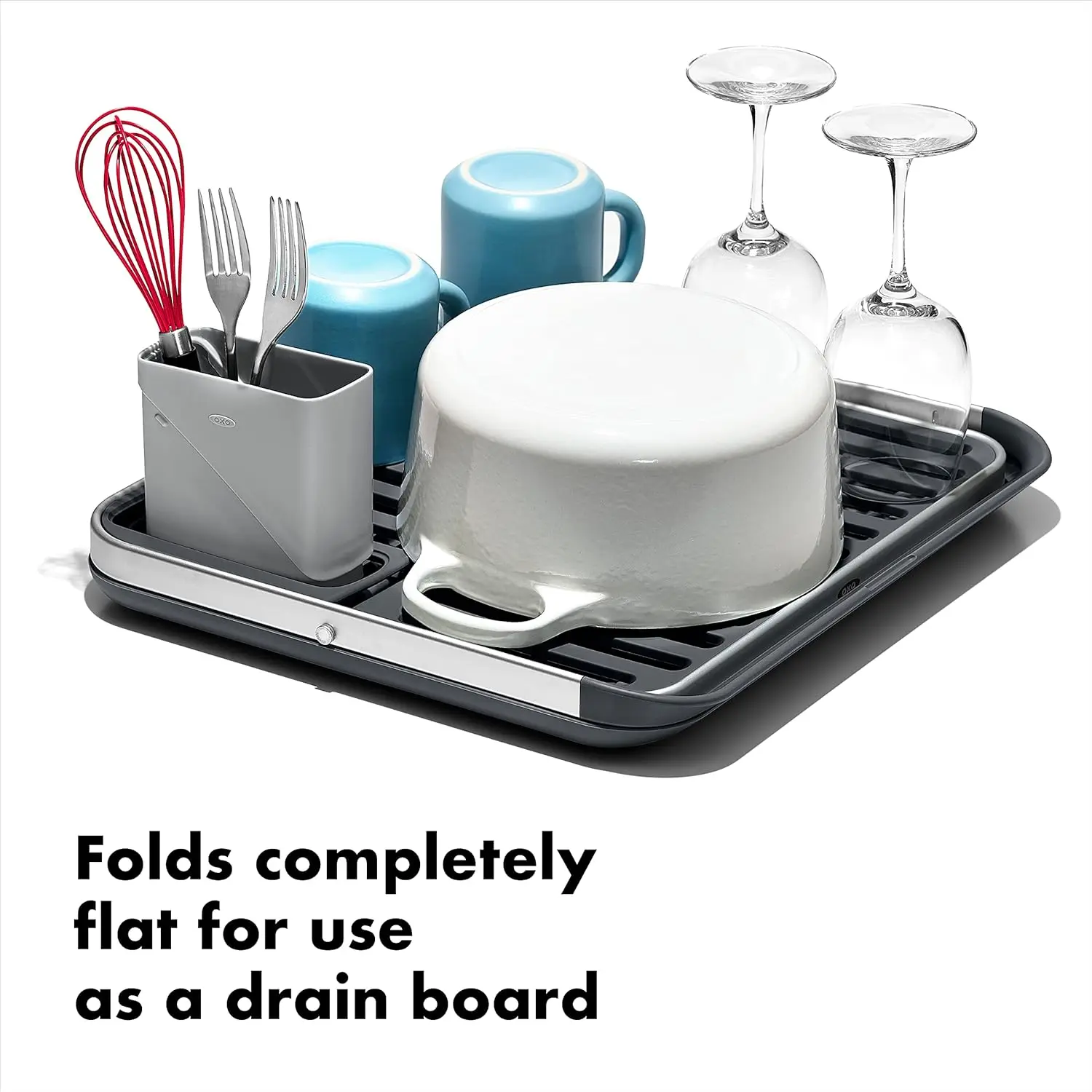 2-Tier Collapsible Flat-Fold Aluminum Dish Drying Rack, Matching Drainboard Included, Lightweight Portable For Small Kitchen Countertops