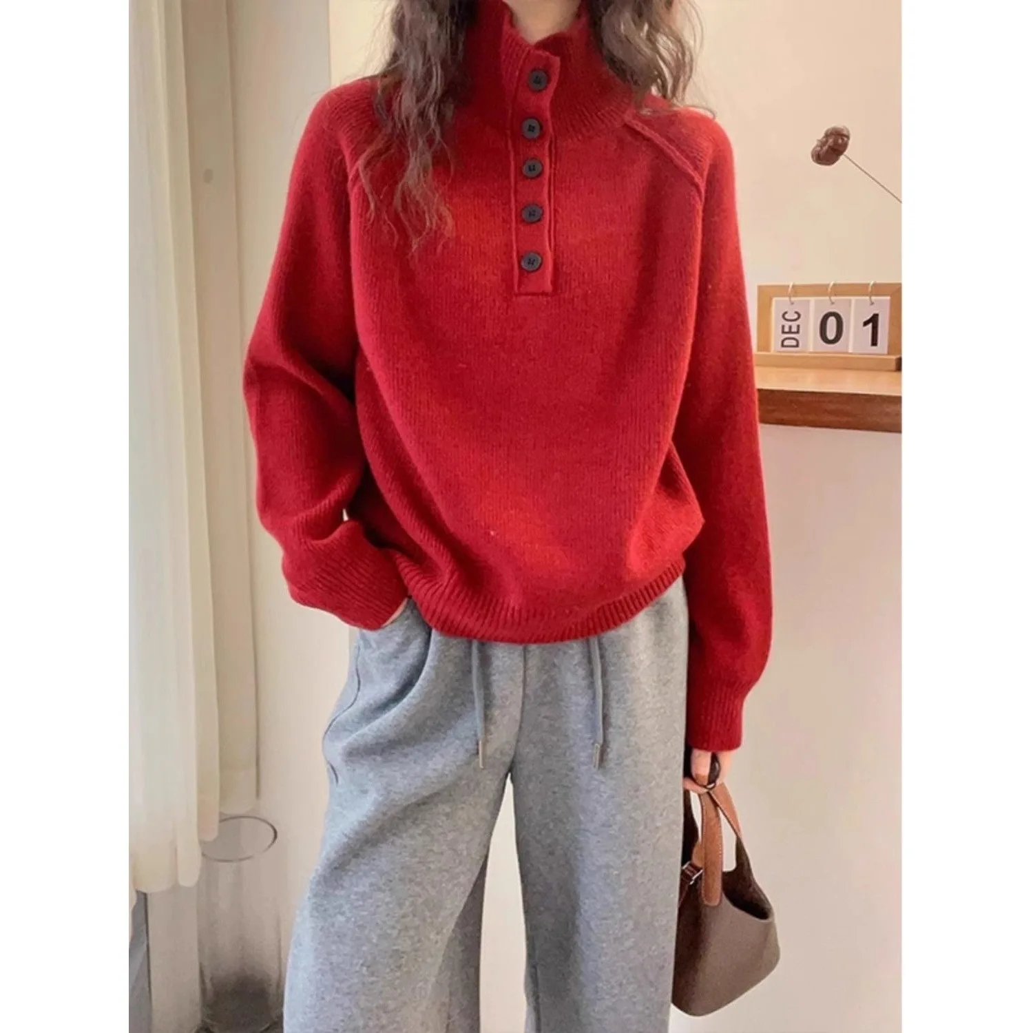 

Women's Knitted Sweater Pure Color Design Base Layer Top Princess Sleeve No Button Spring Autumn New Grey High Collar Short