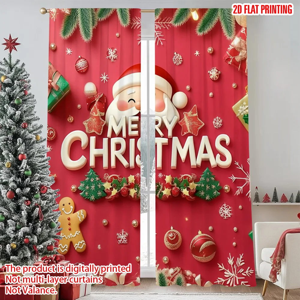 

2pcs 2D flat printing Merry Christmas Scene Curtains Santa Claus_ reindeer Versatile Polyester Without Electricity Festive Wall