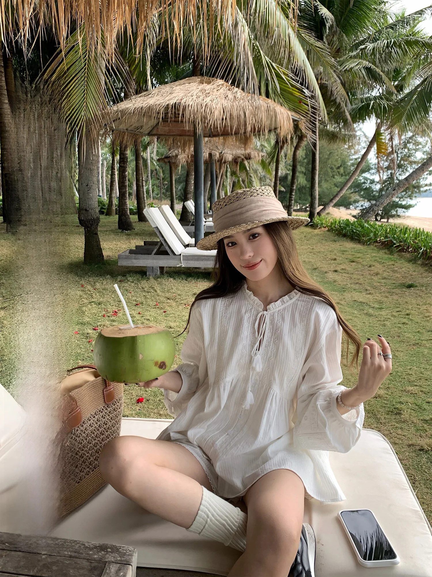 

Hhyii Spring 2026 Women's Embroidered Hollow out Cotton Shirt Shorts Set Loose Fit Long Sleeve Two Piece Korean Style Fashion