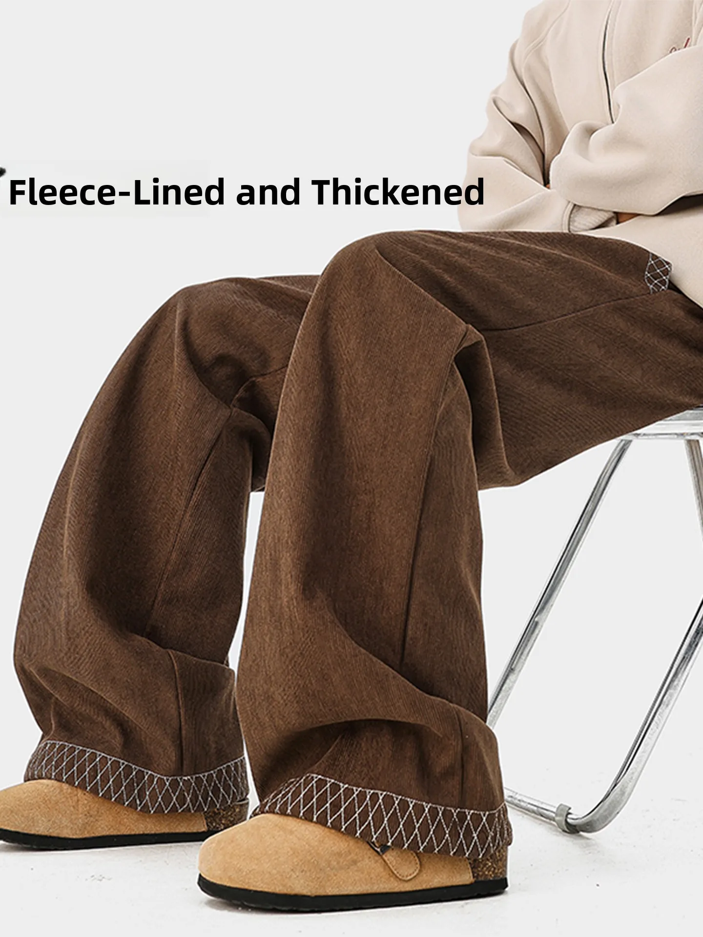 

Men's Winter Thiened Fce Corduroy Straight Leg Casual Pants mid Waist Elastic Waist Dstring Design Warm Patchwork