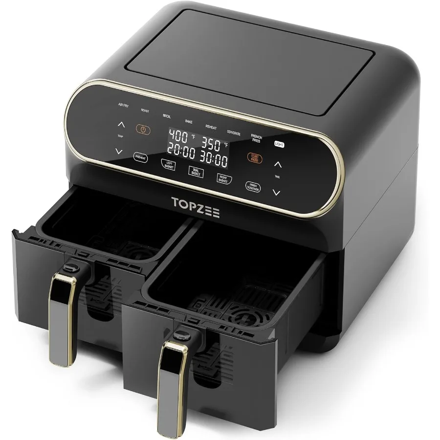 8クォート大型エアフライヤー、デュアルバスケット、見やすい窓付き、予熱、エアフライ、ロースト、ブロイル、ベイク、デハイドレート機能、2つの独立した4クォート容量