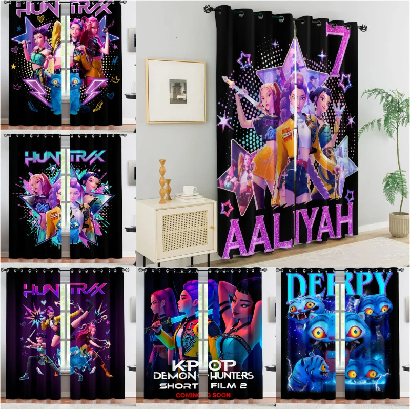 2Pcs K-POP Demon Slayer Printed Curtains, Anime-Themed Decorative Drapes, Polyester Material, Machine Washable Modern Home Decor