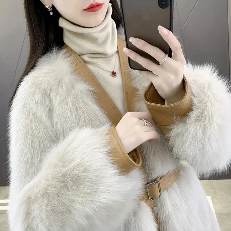 2023 Autumn Winter New Faux Fox Fur Coat Women's Mid length V-neck Fur Coat Belt Women's Coat Loose Jacket Ladies Faux Fur Coats