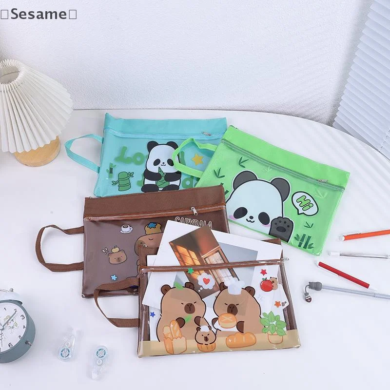 〔Sesame〕Portable Transparent File Bag Cute Fashion Zipper Documents Bag  Capybara Panda File Bag Large Capacity Storage Bag
