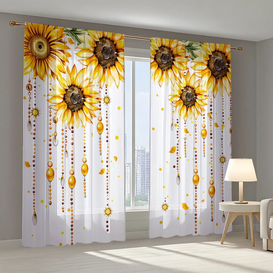 2PCS Digital Print Sheer Curtain, Sunflower Bead Chain, Vintage Floral Window Curtains for Living Room Bedroom Home Decor