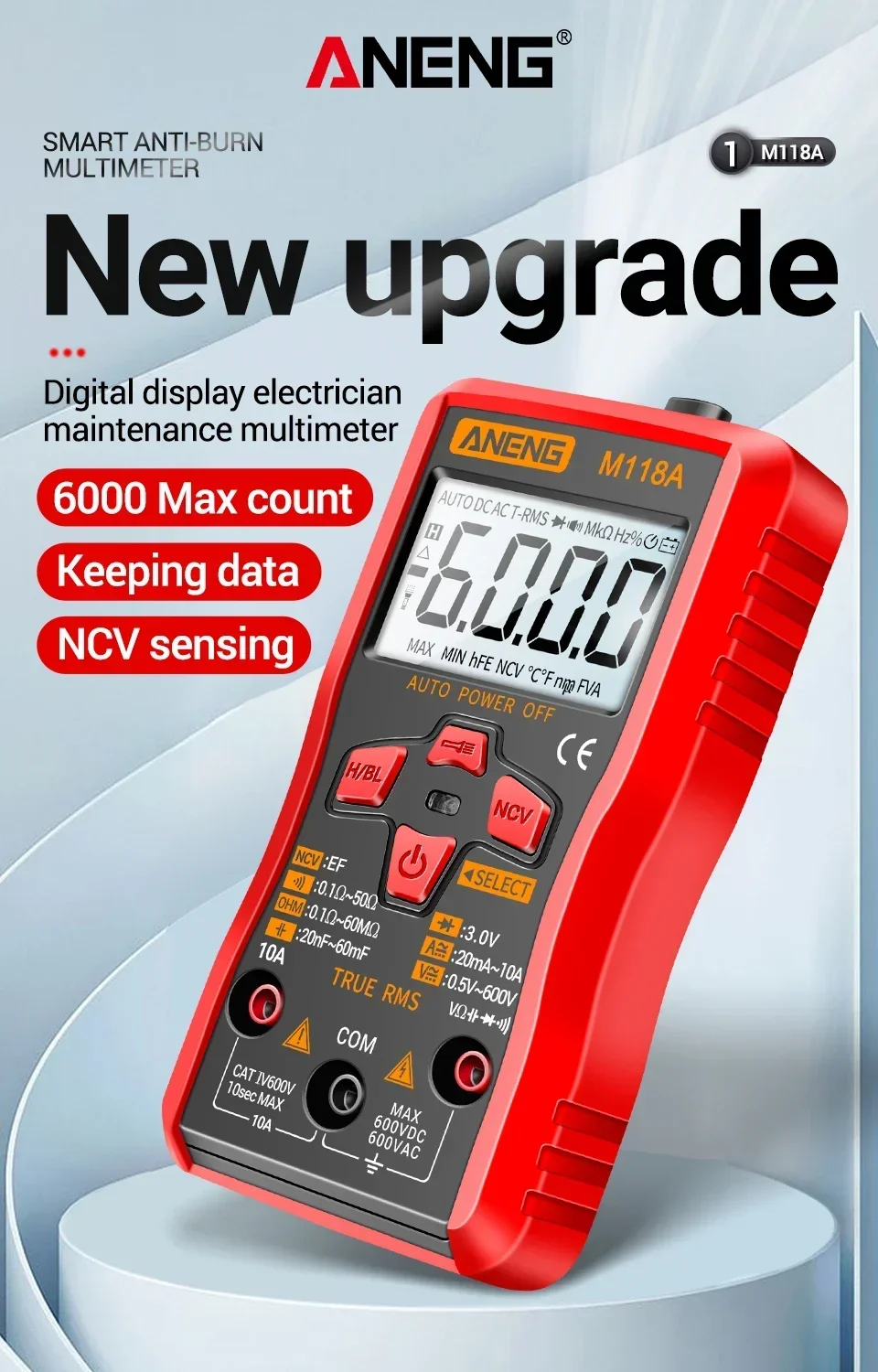 Digital-Multimeter-Tester-Stift ANENG M118A +A3010 Kit True RMS 6000/4000 Counts Auto-Ranging AC/DC Transistor-Spannungsprüfer Werkzeuge – Detail 3