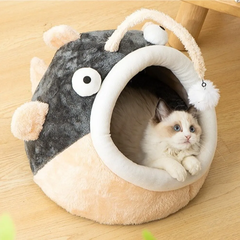 

Cartoon Lantern Fish Cat Bed Warm Soft Cat House Tent Non Slip Bottom Washable Semi Enclosed Cat House for Cats and Dogs