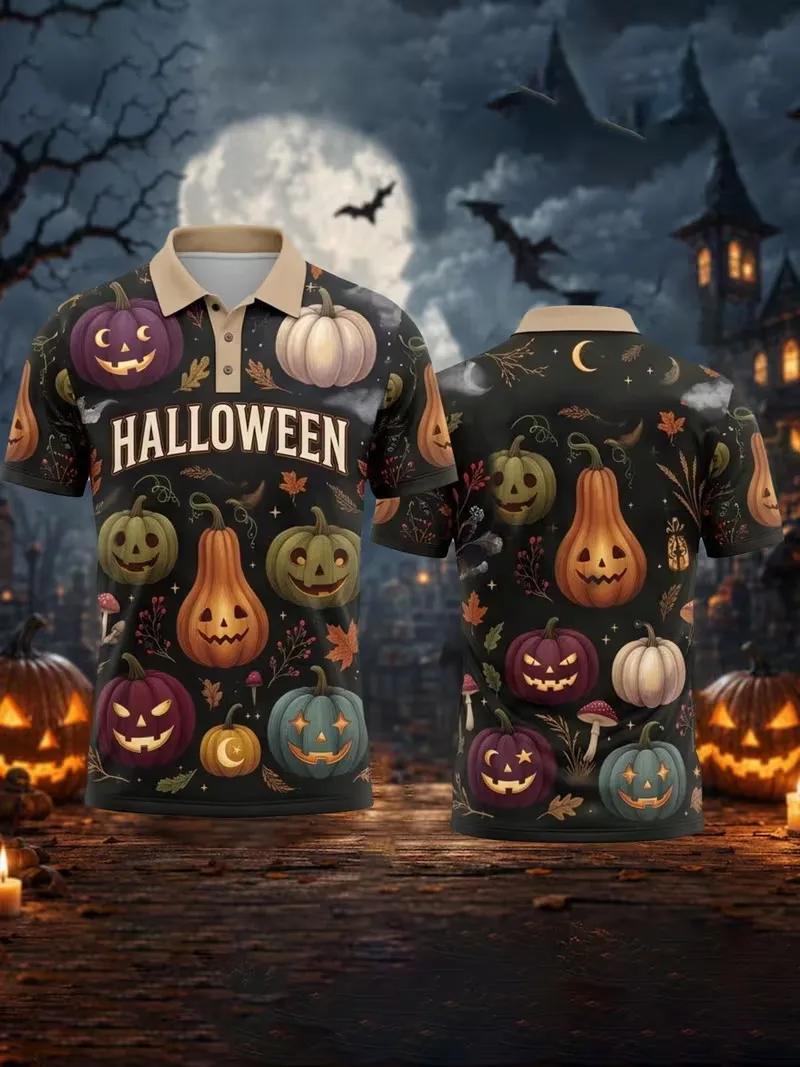 Halloween Colorful Pumpkin Polo Shirt for men women Jack‑O‑Lantern Maple Leaf Mushroom Print Short Sleeve golf polo Shirt