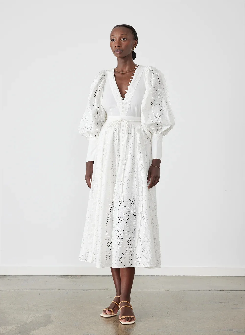 

Women Hollow Out Embroidered V-Neck Lantern Sleeve Back Criss-Cross White Midi Dress