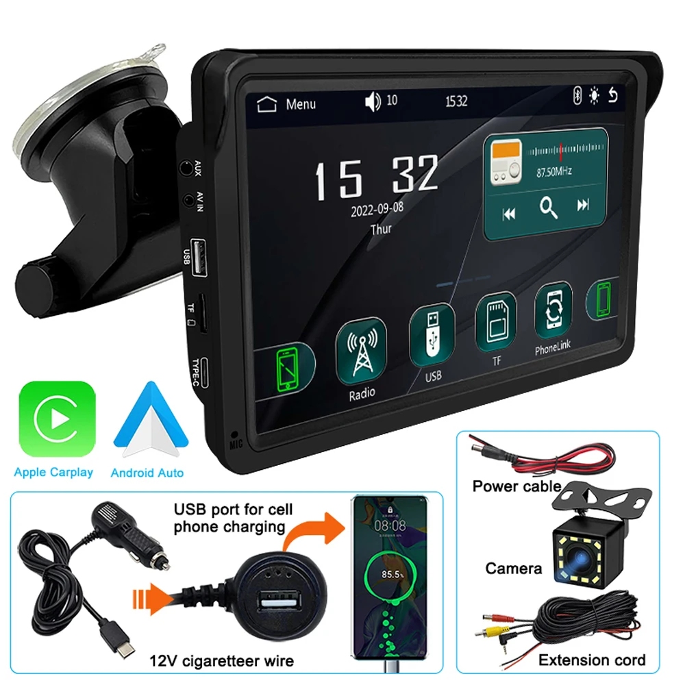 

7 Inch Car Radio Portable Wireless Apple Carplay Android Auto Stereo Multimedia Touch Screen Bt Navigation Mp5 Fm Usb Aux