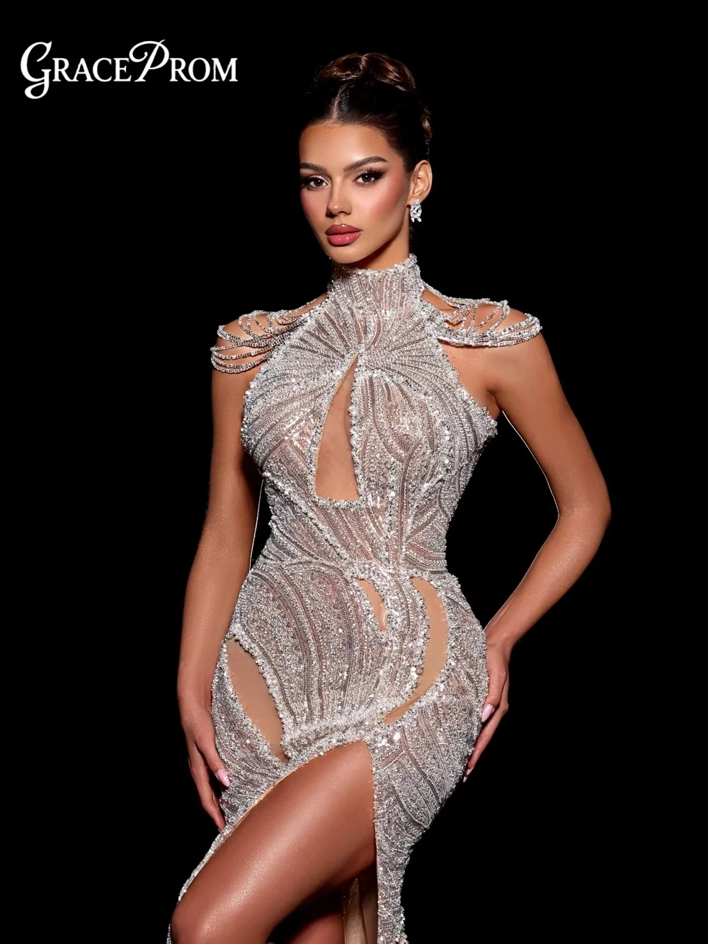 فستان سهرة مثير بفتحة جانبية رشيق على شكل حرف a كريستال ثوب مسائي فاخر بدون أكمام بطول الأرض فستان حفلات مخصص