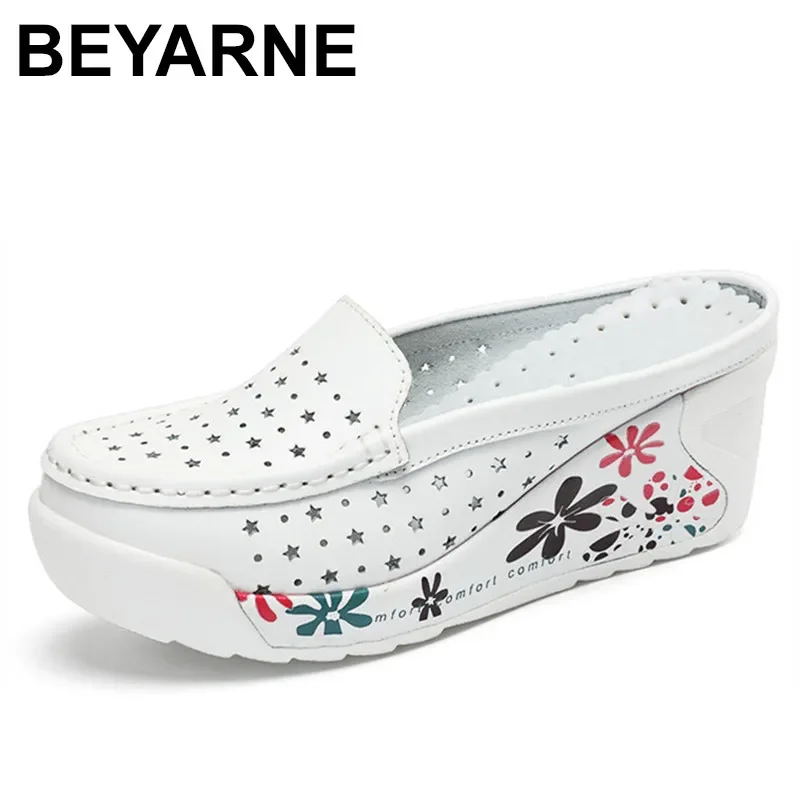 BEYARNE genuine leather summer shoes women creepers casual breathable flat platform shoes woman summer casual shoes woman