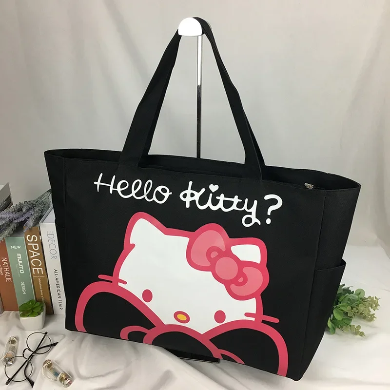 Santio Hello Kitty กระเป๋าเดินทางกันน้ำแบบพกพาผ้าใบแฟชั่น, กระเป๋าช้อปปิ้งพับความจุขนาดใหญ่กระเป๋าคุณแม่สะพายไหล่ข้างเดียว