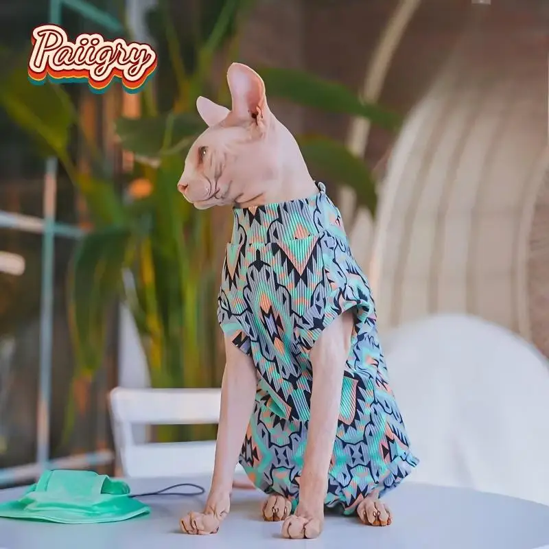 Ethnic style diamond checkered pattern pet cat four-legged clothes with high elasticity, soft and comfortable, Devon cat hairles