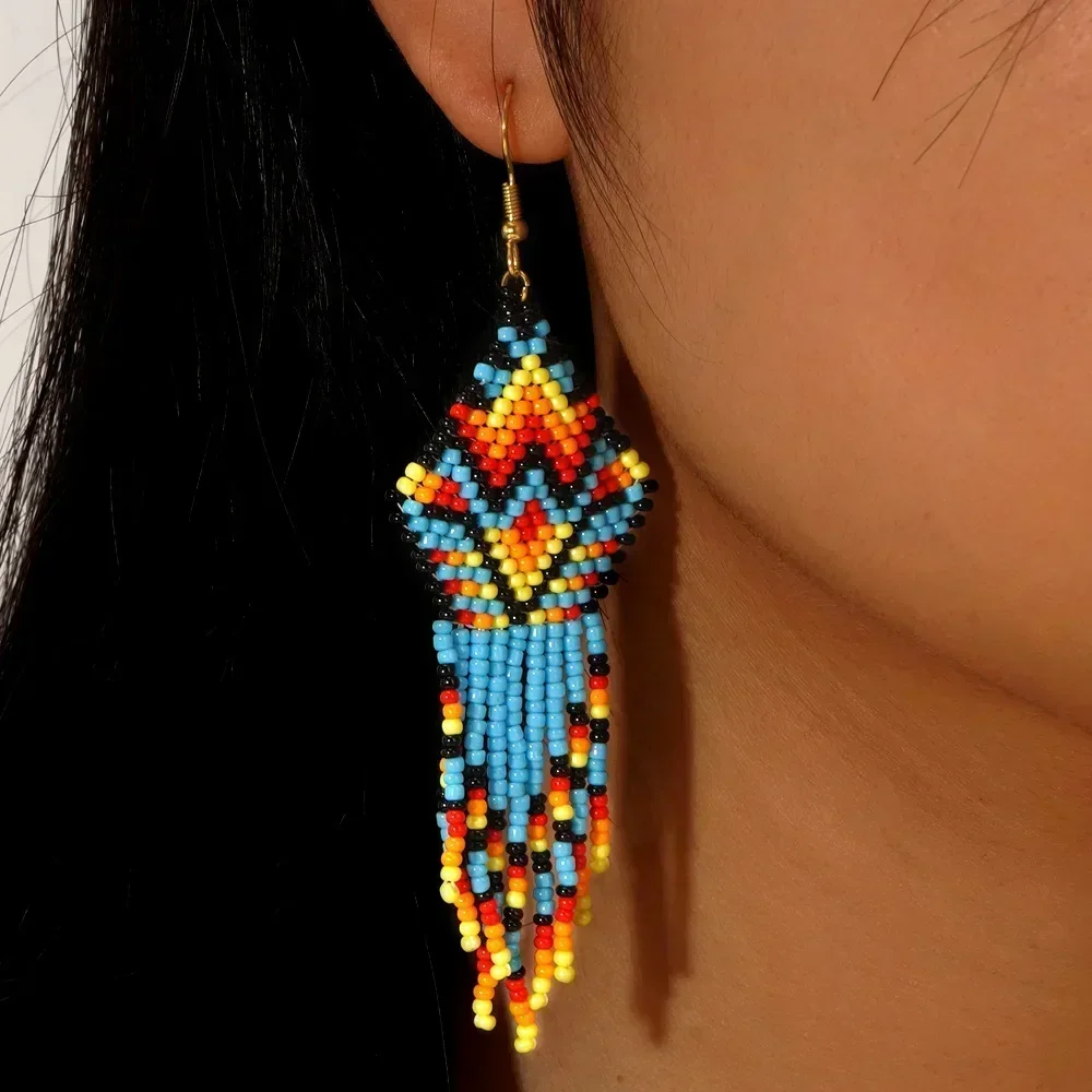 Versatile Bohemia Tassel Earrings Rainbow Geometry Beaded Versatile Hand Knitting Alloy Simple Rice Bead Tide Ear Jewelry