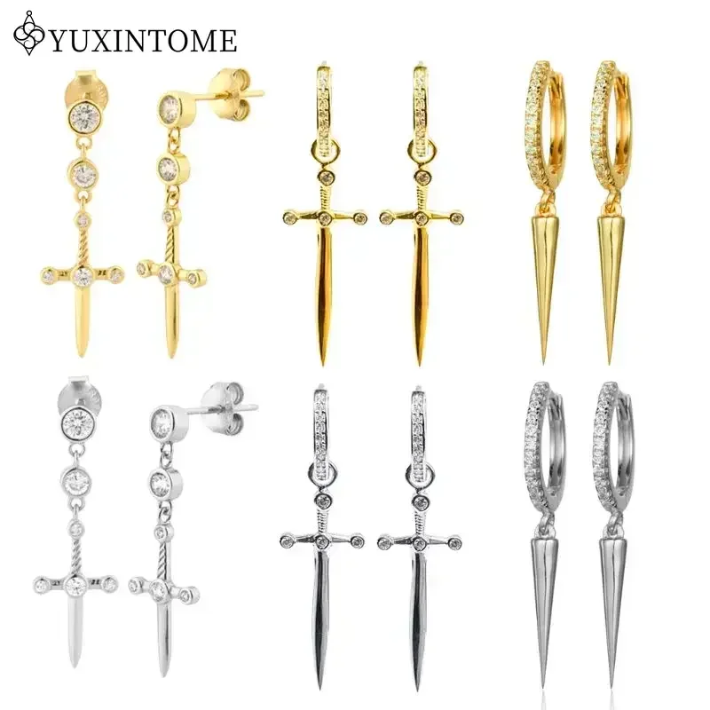 925 Sterling Silver Ear Needle Sword Zircon Pendant Earrings For Women Rivet Pendant Hoop Earrings Punk Trend Fashion Jewelry