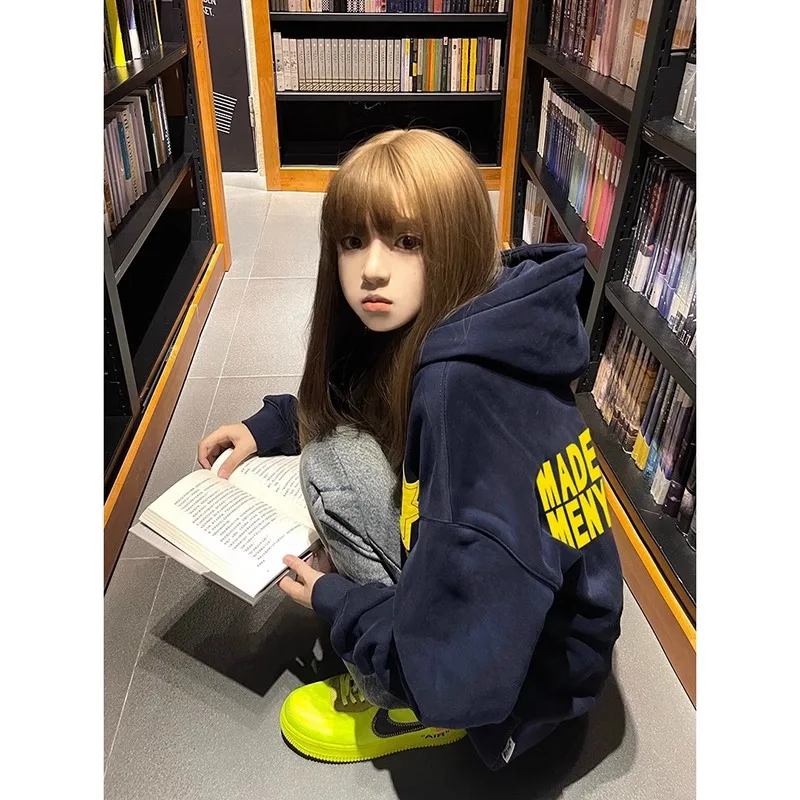 

Американский уличный стиль: оверсайз худи для пар, свободная куртка на флисе, осенне-зимняя, из смесового хлопка и полиэстера, с длинными рукавами