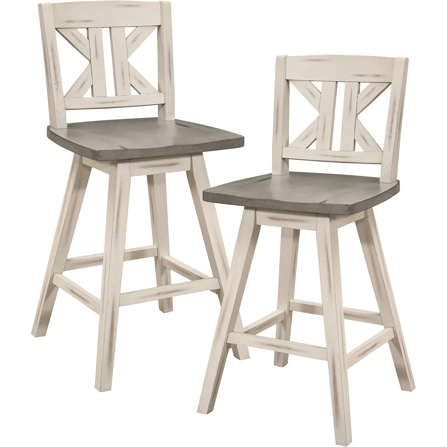 Solid Wood Kitchen Counter Barstool with KK Back & Footrest, Counter Height Swivel Stool, Armless Dining Chairs, Set of 2, White