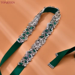 TOPQUEEN Handmade Bridal Belt Emerald Green Wedding Belt Sash Rhinestone Banquet Dress Belt Ladies Waist Decoration S100-KL