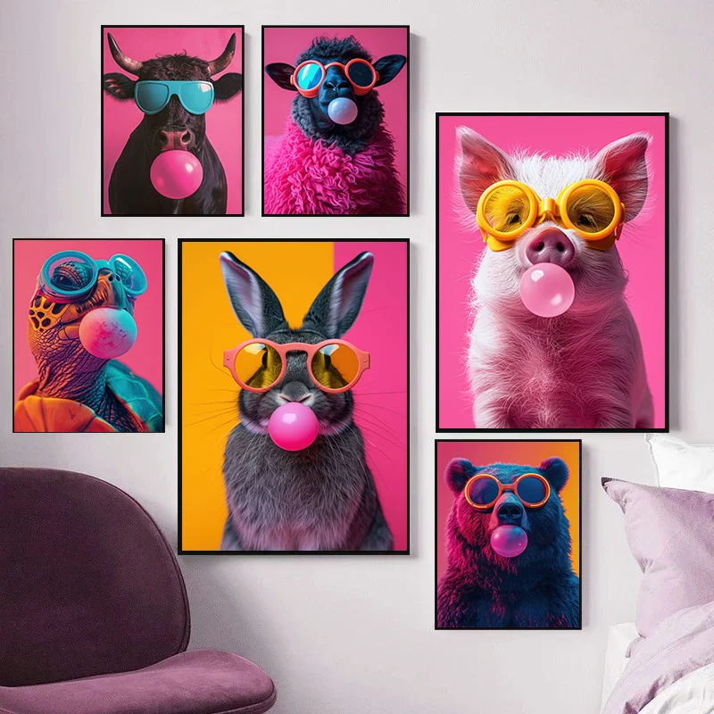 Colorful Animals Pink Bubblegum Canvas Print Poster Cute Animals Cartoon Wall Art Painting Modern Home Baby's Room Nursery Decor