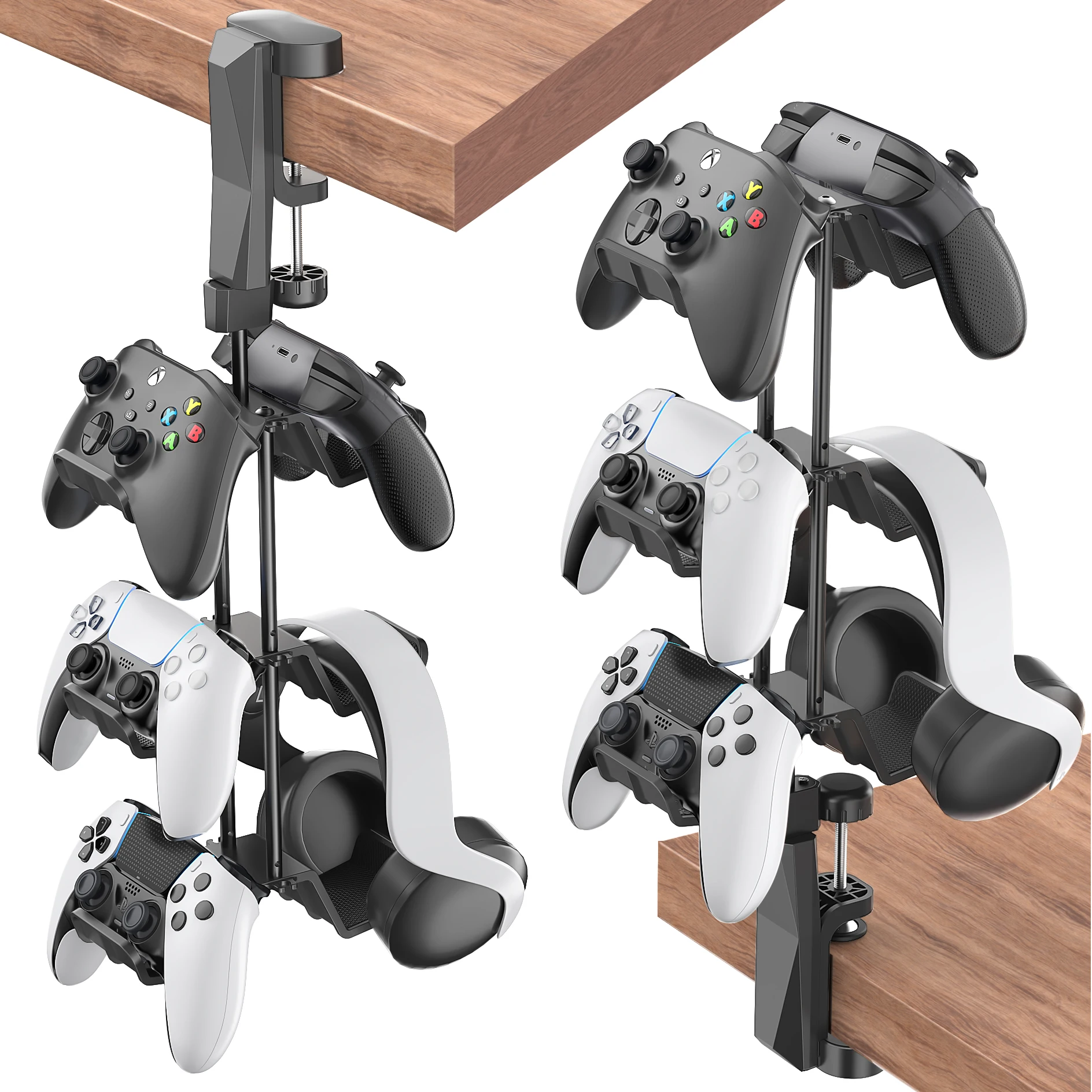 

Above & Under Desk Gaming Headphone Hook Controller Holder Universal 3 Layers 6 in 1 360 ° Rotating Height Adjustable Stand