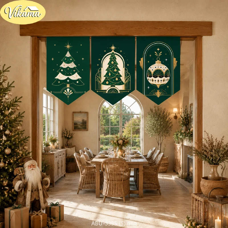 Elegant Christmas Triangle Bunting Banner Green Gold Hanging Flags Garland Xmas Home Door Decor Winter Holiday Party Supplies