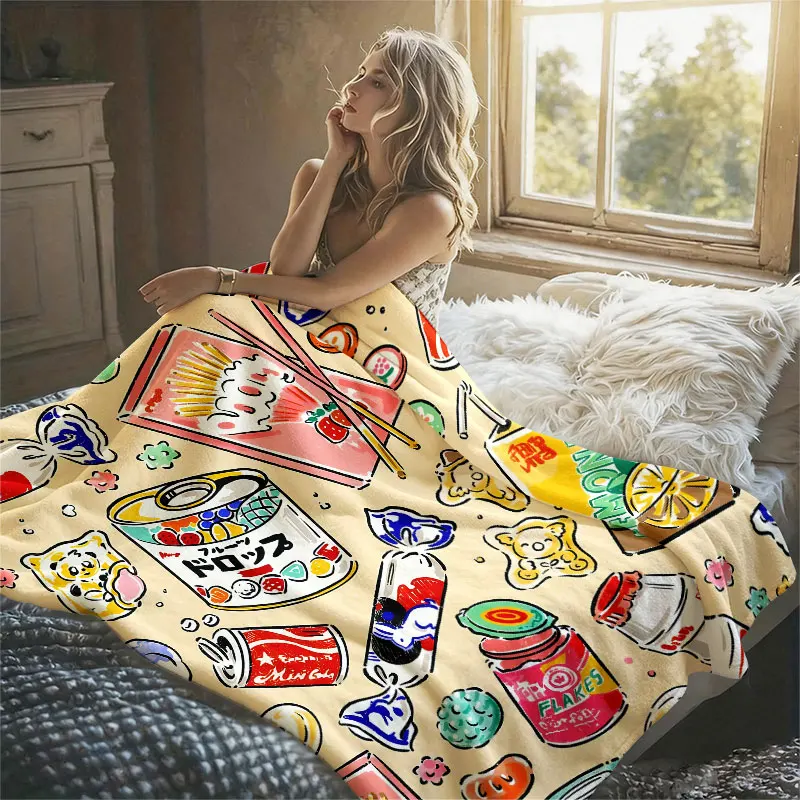 Japanese Snacks Beige Flannel Blanket Perfect for Sofa Office Bed Travel Sleep Read Relax Camping Four Season Use